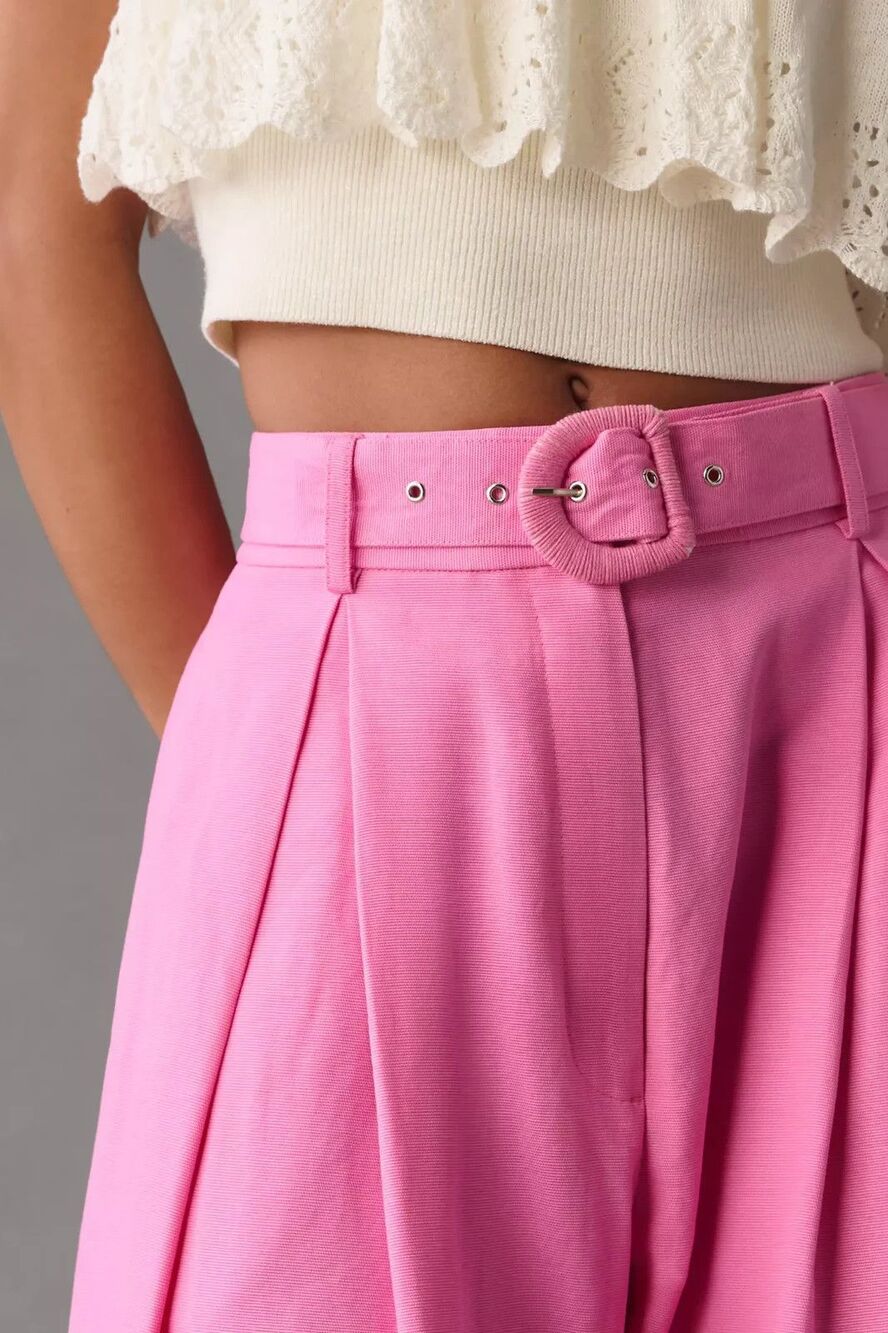 Farm Rio Tailored Wide Leg Pants trousers Belted in Pink Medium New - Picture 4 of 8
